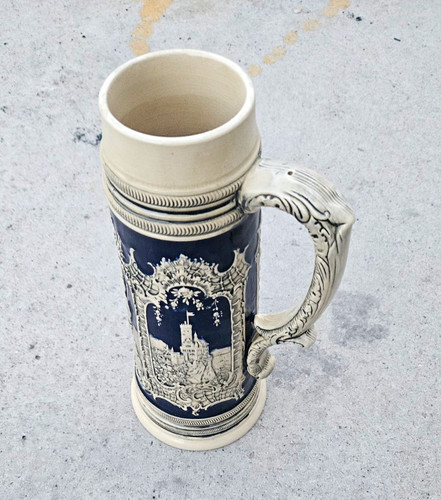 Steingut bierkrug blau - steingut, blau/weiß